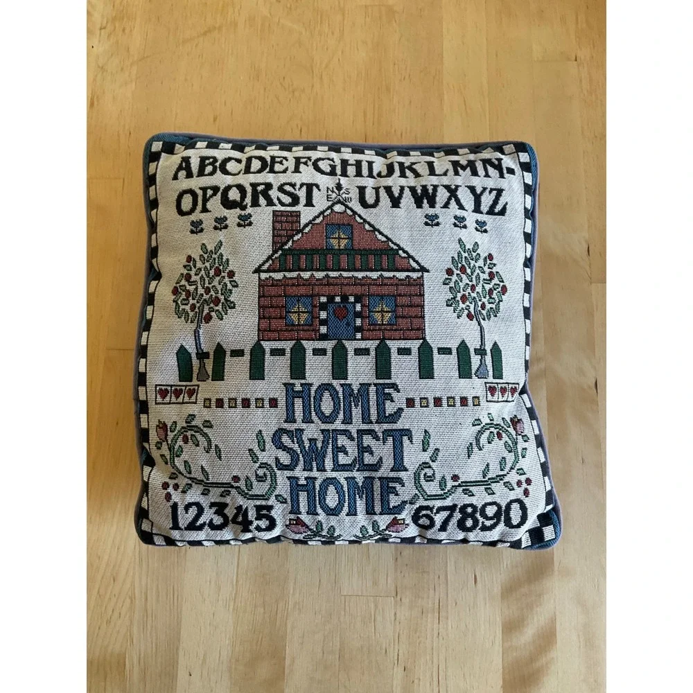Vintage Home Sweet Home Sampler Woven Tapestry Throw Pillow Folk Art Blue 11x12